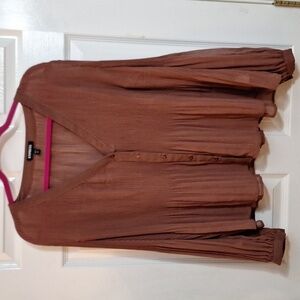 Express Pleated Dress Shirt Sz.L Brown Sheer Vneck Ballon Sleeves